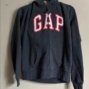 GAP Dark Gray Zip-Up Hoodie with Red Lettering